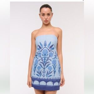 The A&F Scarlett Strapless Linen-Blend Skort Dress in Blue Pattern Size XL - NWT